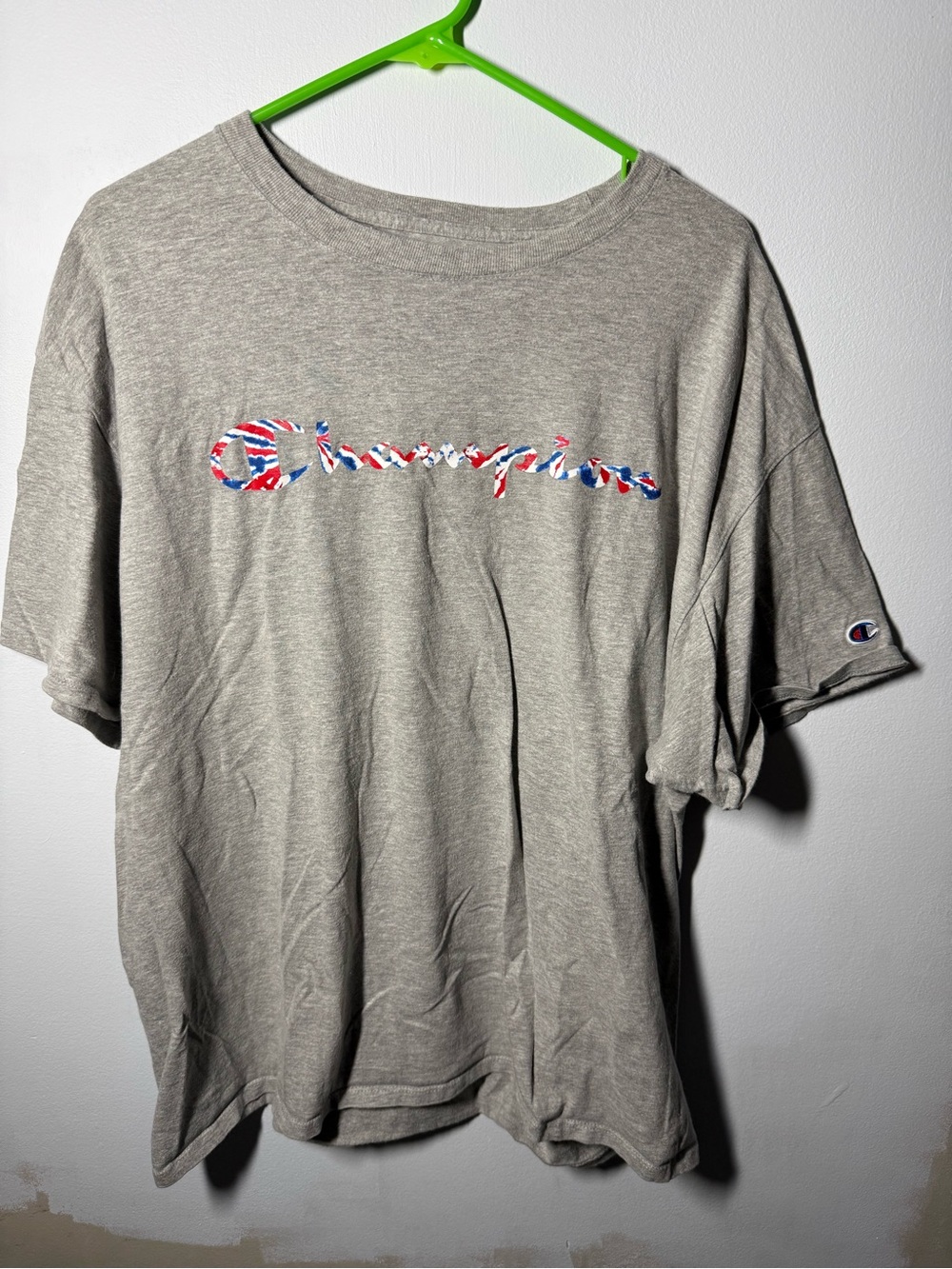 Champion Gray Tee with Red & Blue Script Logo